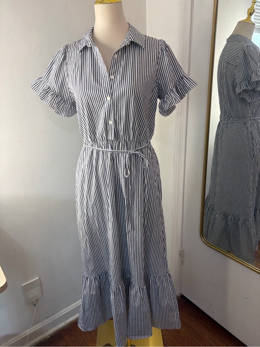 J. Crew Amelia Navy & White Striped Midi Shirt Dress with Tie Waist